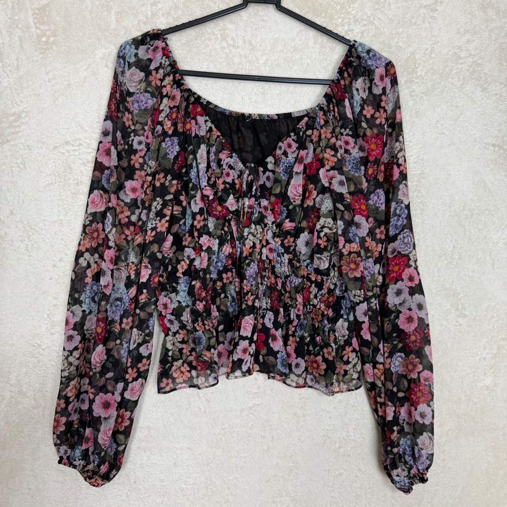 Black Floral Sheer Blouse Puff Sleeve Smocked Waist Romatic Cottagecore Size M